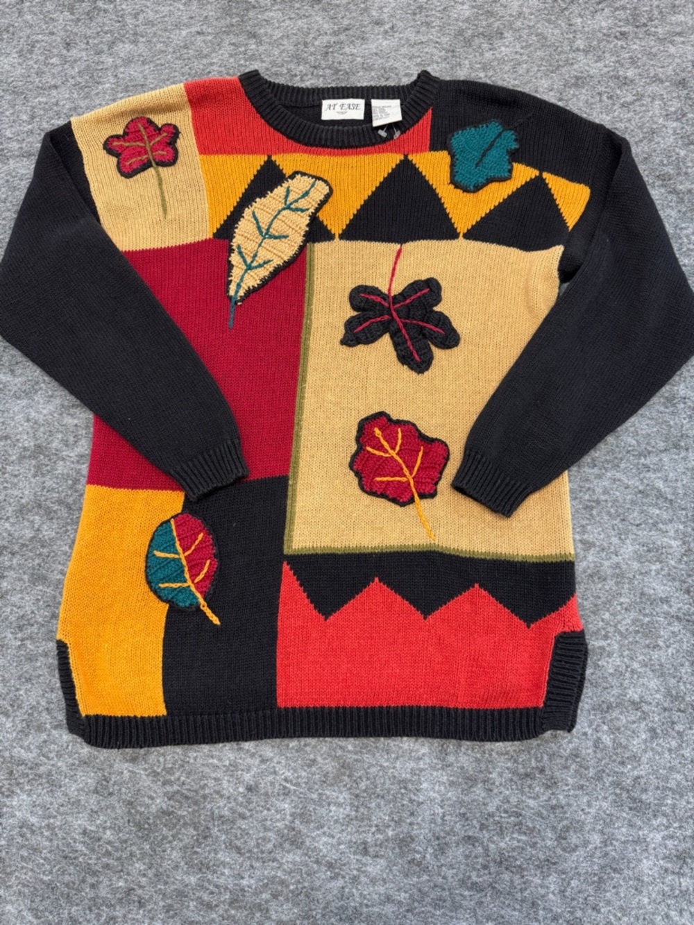 At Ease Colorblock Leaf Appliqué Crew Neck Sweater